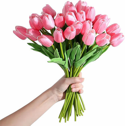 SITUMEIZI 15pcs Fake Tulips Artificial Flowers Real Touch Pink 14" Silk Flower for Home Kitchen Decor Spring Easter Wedding Bouquet Decorations Office Valentine's Day Gifts(Rose Red)