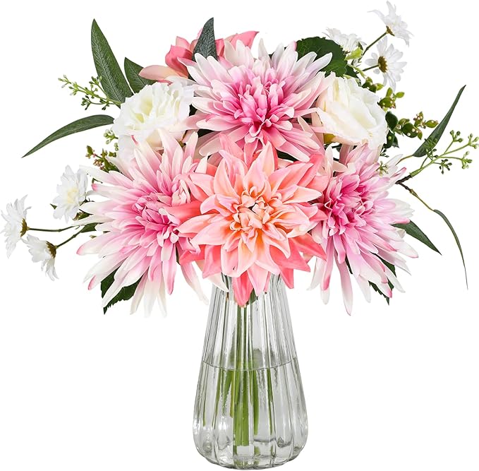 Artificial Flowers – Elegant Flower Bouquet, Faux Silk Dahlia & White Roses Floral Arrangement Fake Plant Decor for Home Indoor, Farmhouse kitchen Dining Decoration Wedding Table Centerpiece