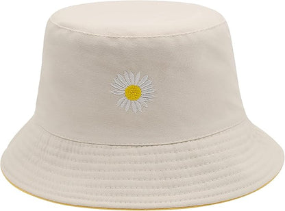 Flower Reversible Bucket Hat Cotton Summer Travel Beach Sun Hats Emboridery for Women Men