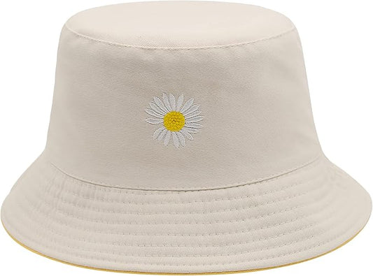 Flower Reversible Bucket Hat Cotton Summer Travel Beach Sun Hats Emboridery for Women Men