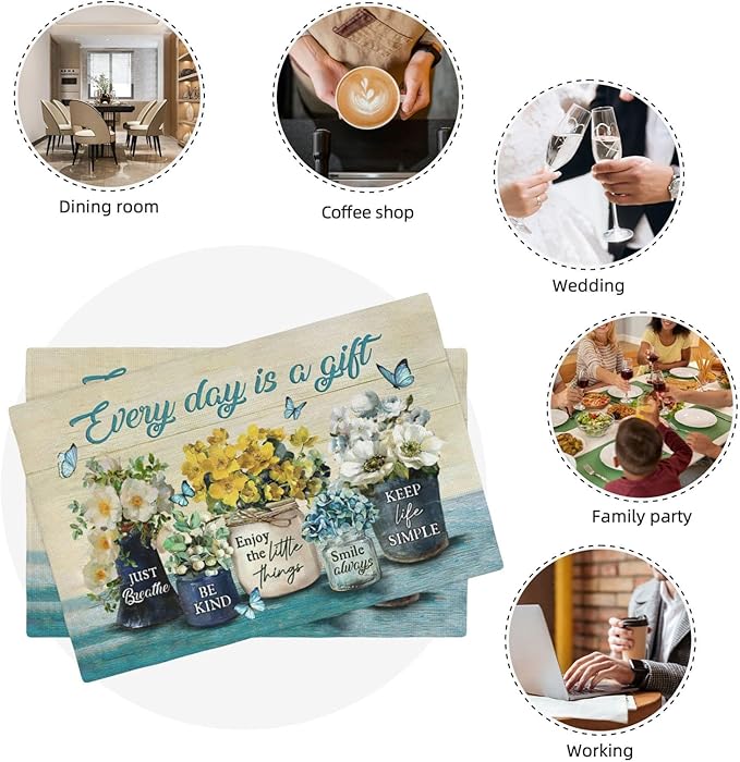 Farmhouse Spring Flower Placemats Set of 6 Every Day is A Gift Country Rustic Floral Yellow Double-Sided Table Mats for Dining Room Home Party Indoor 6 PCS 12x18 Inch