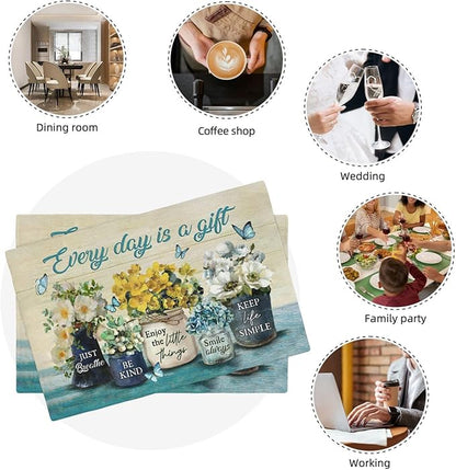 Farmhouse Spring Flower Placemats Set of 6 Every Day is A Gift Country Rustic Floral Yellow Double-Sided Table Mats for Dining Room Home Party Indoor 6 PCS 12x18 Inch