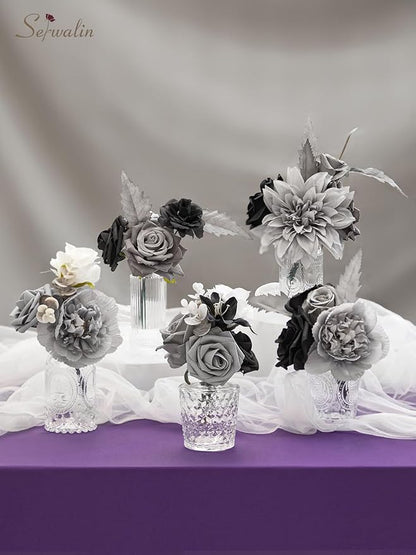 Serwalin Artificial Flowers Grey Fake Flowers Box Set, Silk Flowers with Stems, Faux Wedding Flower Cake Flowers for DIY Wedding Bouquets Bridal Shower Centerpieces Floral Arrangements Decor