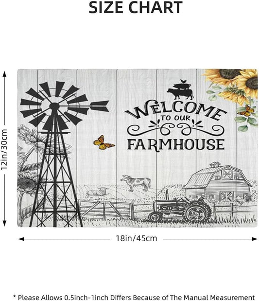Farm Placemats, Vintage Rustic Farmhouse Wooden Plank Cow Sunflower Tractor Windmill Butterfly Print Washable Fabric Placemats Table Kitchen Dining Party 12x18 Inch Set of 4