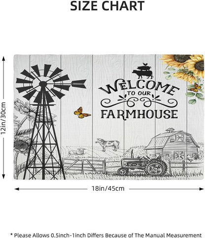 Farm Placemats, Vintage Rustic Farmhouse Wooden Plank Cow Sunflower Tractor Windmill Butterfly Print Washable Fabric Placemats Table Kitchen Dining Party 12x18 Inch Set of 6