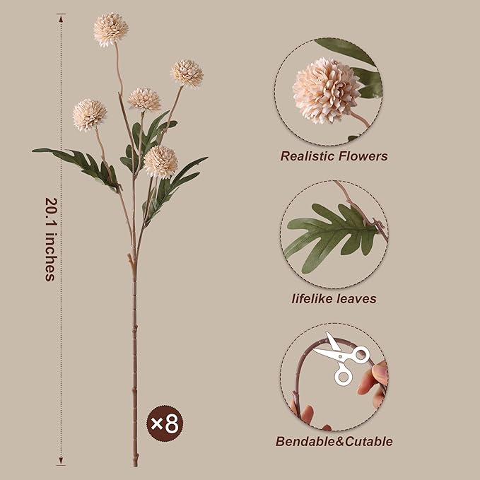 HyeFlora Fake Kiku Flowers,Faux Silk Pompon Mums 40heads Artificial Flowers,Chrysanthemum Stems Floral Arrangement Dried Flowers Vintage Decorative Indoor Home Vase Decor Beige