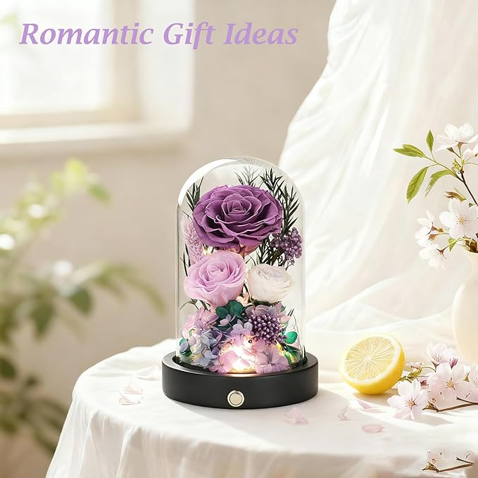 Forever Flowers for Delivery, Purple Preserved Flowers in Glass Dome,Eternal Rose That Last 1-3 Years Valentines Day Christmas Anniversary Birthday Gifts for Women Mom Wife Girlfriend Her