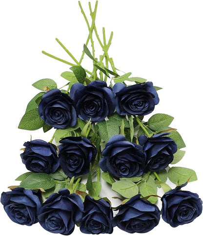 Artificial Rose Flower Artificial Flowers Flower with Long Stem Silk Roses Bouquet for Wedding Bridal Shower Party Home Decoration (Navy Blue, 30 Pcs)
