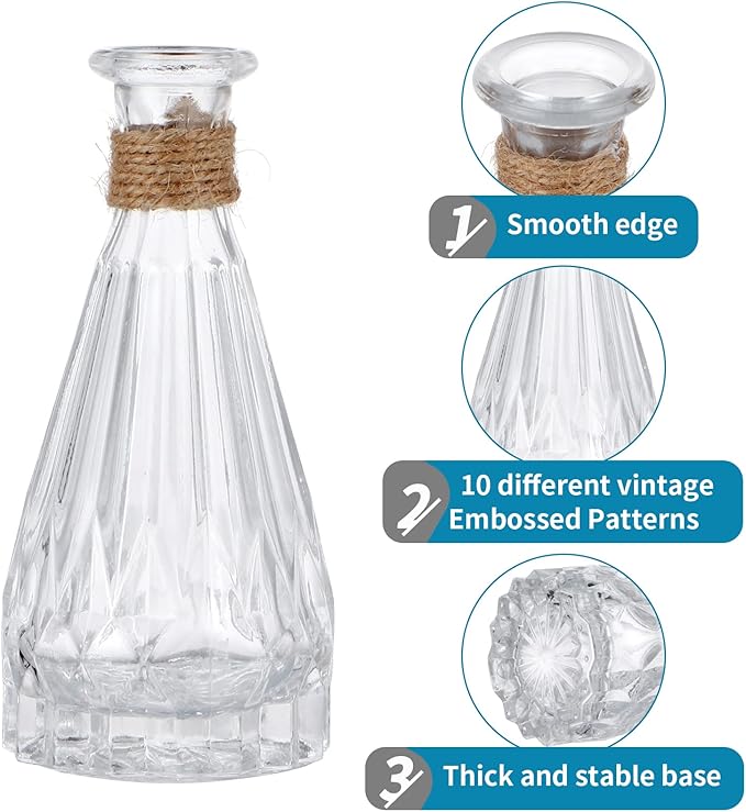 MDLUU Glass Bud Vases, Decorative Glass Bottles, Vintage Embossed Different Shapes for Wedding Centerpiece, Party, Home Decor, Set of 10 Clear