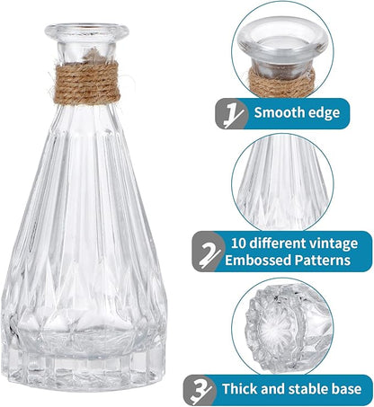 MDLUU Glass Bud Vases, Decorative Glass Bottles, Vintage Embossed Different Shapes for Wedding Centerpiece, Party, Home Decor, Set of 10 Clear