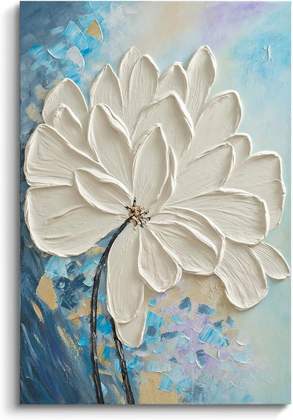 JUHOME Hand-Painted White Floral Canvas Wall Art, 24x36 In Textured Abstract Oil Painting, Vertical Modern Artwork for Living Room, Bedroom, Corridor, Office Decoration