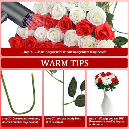 30pcs Fake Roses Artificial Silk Flowers Long Stems Bouquet for Wedding Bridal Shower Party Home Decoration (White + Red)