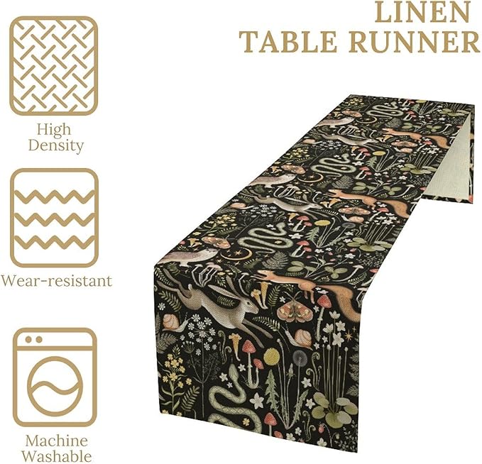 Farmhouse Forest Table Runner, Fairy Tale Woodland Wild Animals Moths Owl Snake Flowers Mushroom Kitchen Dining Table Runners for Indoor Outdoor Home Party Holiday Decor, 13x36inch