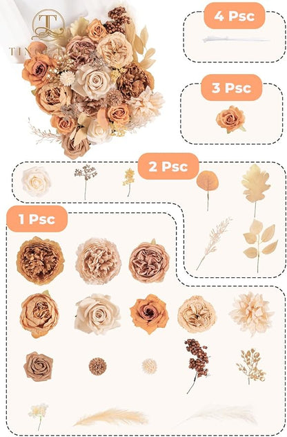 TINGE TIME Fake Flowers Artificial Flowers Peonies Bulbous Chrysanthemum Daisy Hydrangea Sunflower Violets Dahlia Daffodils Epiphyllum Orchid Cherry Blossom Camellia Leyaron (Nude Color & Pale Coffee)