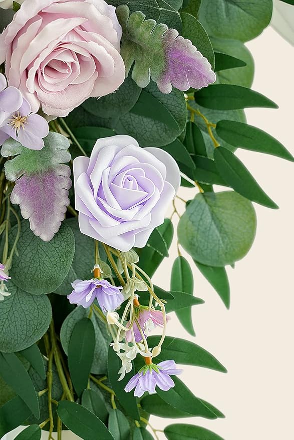 ponatia Purple Wedding Arch Flowers Kit (Pack of 3) with 26Ft White Arch Draping Fabric, Wedding Flowers Garlands Floral Arrangement Swag for Ceremony and Reception Wedding Decoration (Dusty Lilac)