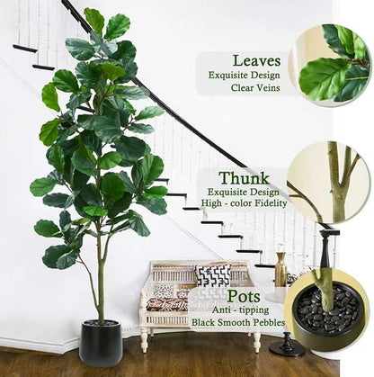 Artificial Fiddle Leaf Fig Tree：7FT Tall Faux Ficus Lyrata Plant Fake Fig Trees Realistic Green Silk Large Leaves with Natural Trunks & Pebbles in Black Planter for Indoor Outdoor Office Home.
