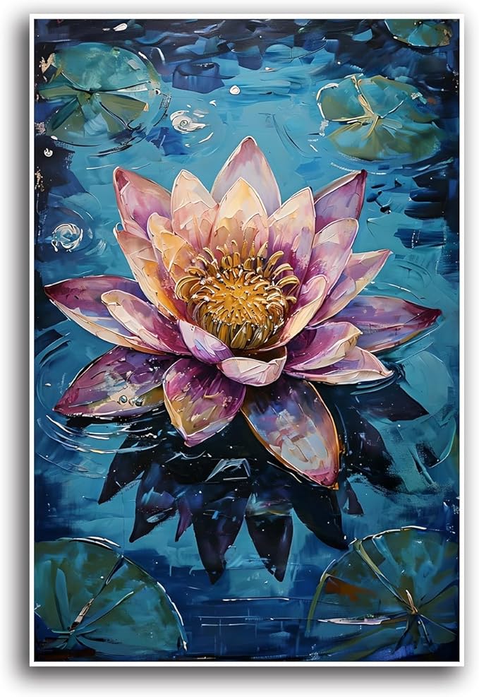 Gorgeous pink and purple water lilies on deep blue water Eye-catching oil painting Serene aquatic wall art for modern home decor 20x30in Frameless