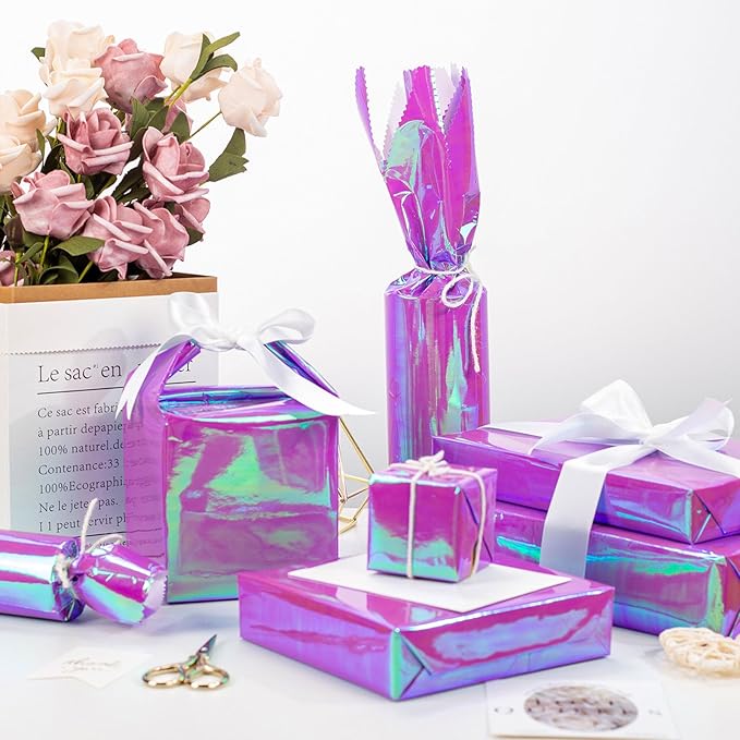 Yarcony Purple Wrapping Paper Roll - 17Inch x 33Feet - Thick Luxury Holographic Iridescent Texture Girls Gift Wrap Paper for Birthday, Wedding, Bridal Shower, Valentine's Day, Christmas, Holiday
