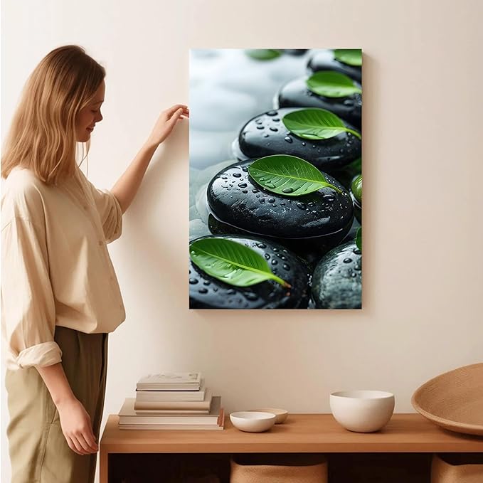 Glittering black stone cluster with fresh green leaves and water drops poster tranquil mist rain wall art zen wall art suitable for modern minimalist home decor 16x24in Wood Framed
