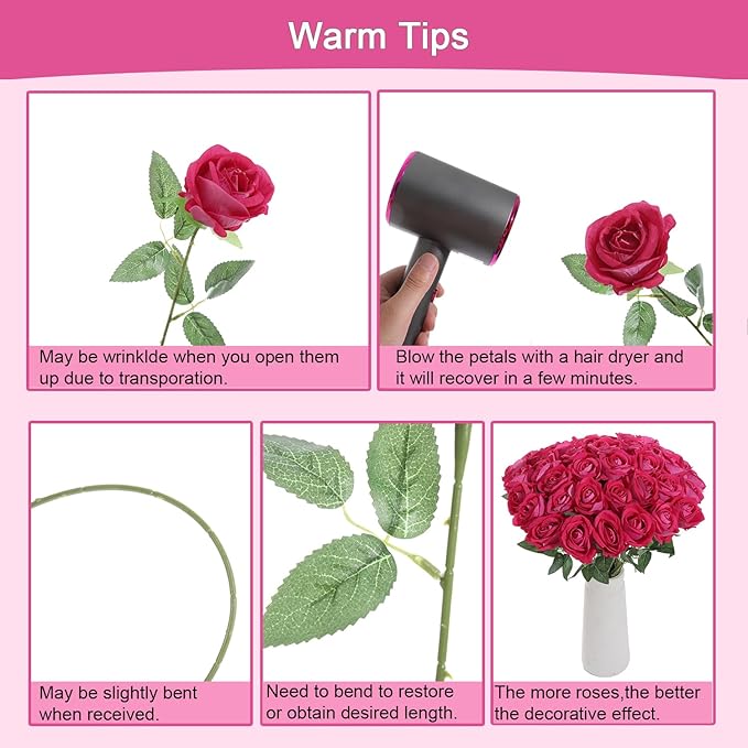 50Pcs Fuchsia Roses Artificial Flowers Fake Roses Faux Velvet Silk Flower for Home Wedding Decoration (Pearl Rose, Fuchsia)