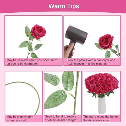 12Pcs Fuchsia Roses Artificial Flowers Fake Roses Faux Velvet Silk Flower for Home Wedding Decoration (Pearl Rose, Fuchsia)