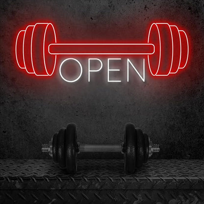 Red Gym Fitness Open Neon Sign, Gym open Led Sign, Weightlifting Led Light, Barbell Neon Light, gym Open Wall Art Decor, House Wall Signs Decor for Business Window Open Signs, Fitness Club Decor