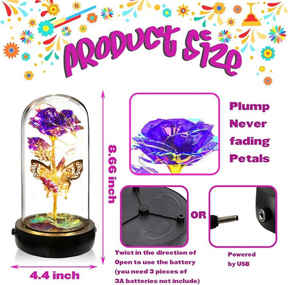 Birthday Rose Flower Gifts for Women, Mothers Day Glass Rose Gift for Mom from Daughter Son, Colorful Purple Rose in Glass Dome with Music Box, Light Up Rose in Dome for Her Wife Grandma