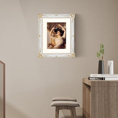 SIMON'S SHOP 11x14 Picture Frame Matted for 8x10 Photo, Vintage Style Poster Frames 11x14, White with Gold Accents Wall Mounting Gallery Wall Decor