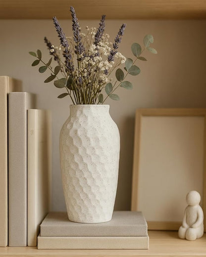 White Ceramic Vase for Flowers, Textured Speckled Hammered Finish Decorative Vase for Living Room, Table Centerpiece & Modern Home Decor