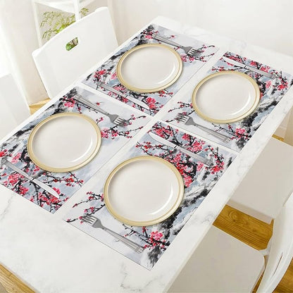 Ink Painting Cherry Blossoms Placemats Set of 4,Vintage Chinese Art Ink Painting Flower Linen Placemats Decoration for Family Dinners, Party, Holidays, Gathering 6 PCS