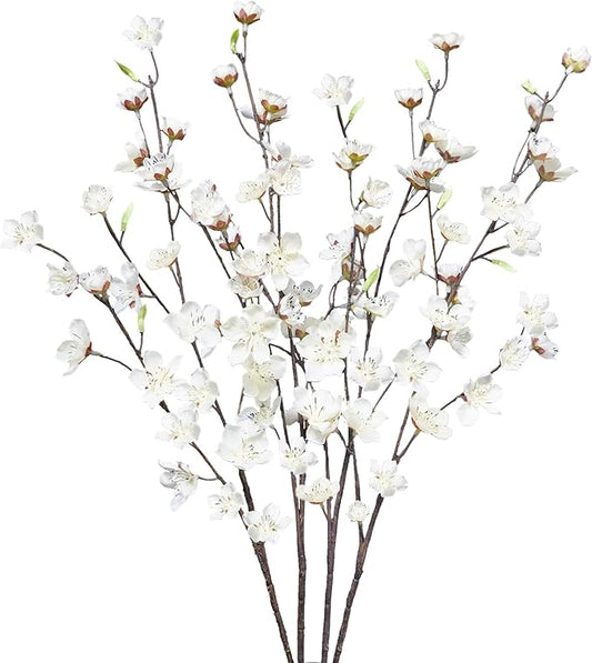 4pcs Artificial Cherry Blossom Flowers 28‘’ Tall Silk Cherry Blossom Branches Faux White Peach Stems for Wedding Home Garden Vase Decor