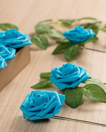 DuHouse 25Pcs Artificial Roses Flowers Fake Roses with Stems Real Touch Foam Flowers for DIY Wedding Bouquet Baby Shower Centerpiece Floral Arrangement Party Home Decor(Middle Blue)