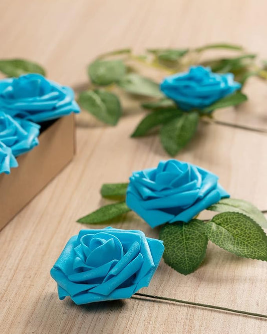 DuHouse 25Pcs Artificial Roses Flowers Fake Roses with Stems Real Touch Foam Flowers for DIY Wedding Bouquet Baby Shower Centerpiece Floral Arrangement Party Home Decor(Middle Blue)