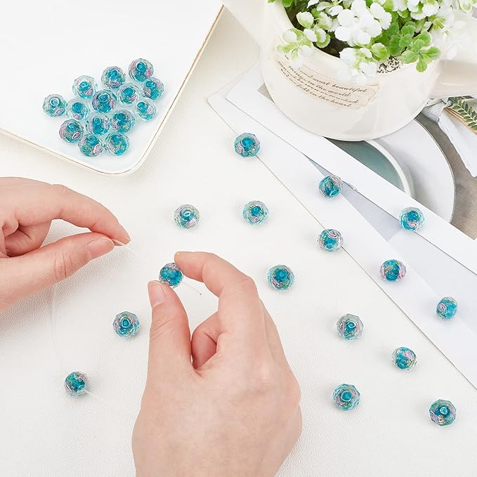 PH PandaHall 45pcs 9~12mm Gold Sand Lampwork Beads Glass Handmade Round Loose Beads for Rosary Making Jewelry Craft Making with 2mm Hole - Dodger Blue
