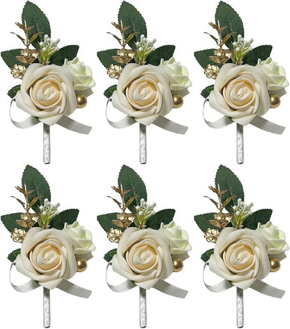 6PCS White Boutonniere for Men, Ivory Boutonniere Pins for Men Groomsmen Guest Boutonniere, Artificial Flowers for Wedding Decor Prom Homecoming