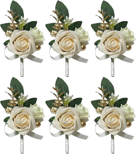 6PCS White Boutonniere for Men, Ivory Boutonniere Pins for Men Groomsmen Guest Boutonniere, Artificial Flowers for Wedding Decor Prom Homecoming
