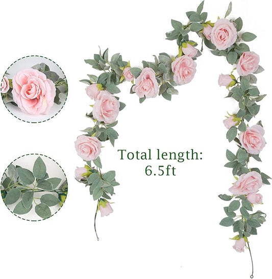 TELDRASSIL 4Pcs(26 FT) Artificial Rose Vine Fake Flower Garland Fake Silk Rose Hanging Vine for Wedding Party Background Arch Garden Background Decoration (Pink)