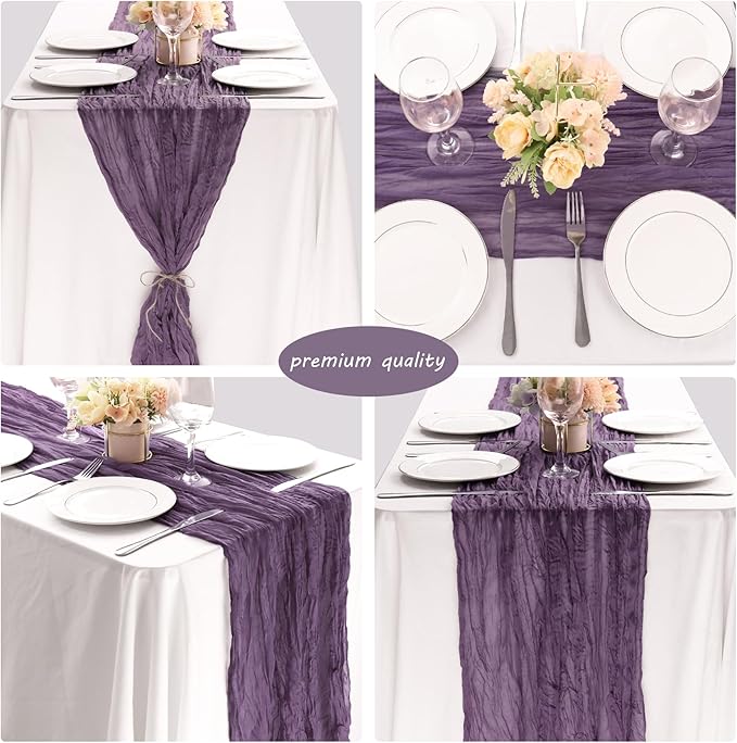 12 Pack 10Ft Cheesecloth Table Runner 35x120 Inch Boho Gauze Table Runner Rustic Cheese Cloth Long Romantic Table Runners for Wedding Bridal Shower Birthday Party Table Decor (Grape)