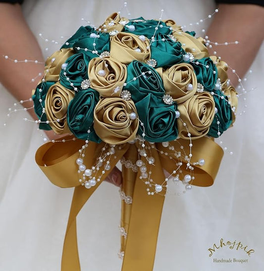 Bridal Wedding Bouquet Round Bling Brooch Bouquet Throw Toss Artificial Rose Flower Bunch for Bride Bridesmaid Wedding Quinceanera(Dark Green & Gold, 8.7")