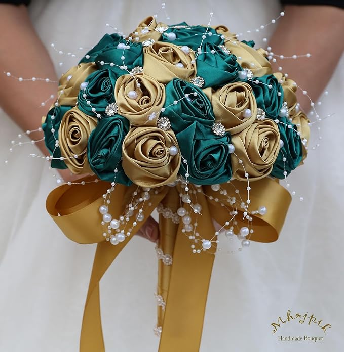 Bridal Wedding Bouquet Round Bling Brooch Bouquet Throw Toss Artificial Rose Flower Bunch for Bride Bridesmaid Wedding Quinceanera(Dark Green & Gold, 9.8")