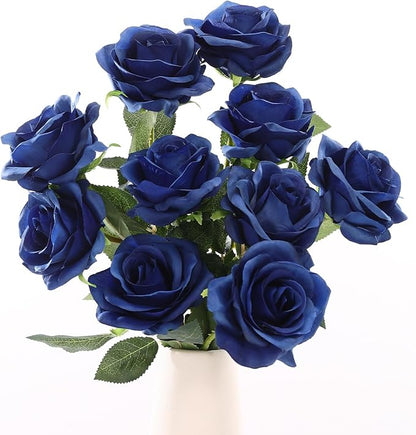 DuHouse 10pcs Silk Roses Artificial Flowers Fake Rose for Arrangement Wedding Party Home Decoration (Navy Blue)