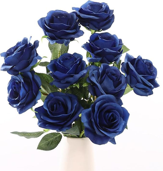 DuHouse 10pcs Silk Roses Artificial Flowers Fake Rose for Arrangement Wedding Party Home Decoration (Navy Blue)