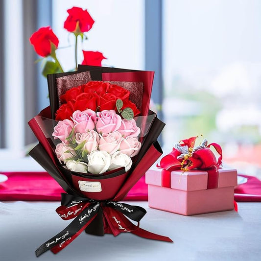Roses Bouquet Artificial Flower - Preserved Red Rose Flowers with Love Necklace for Her Unique Gift for Birthday, Valentine's Day, Mother's Day, Thanksgiving, Christmas, Anniversary (Pink and Red)