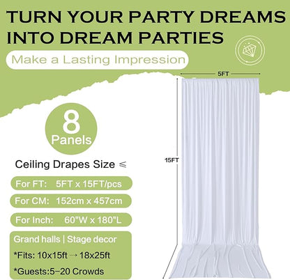 PartyVillage 40ft×15ft White Backdrop Curtain for Wedding Parties, 8 Panels Wrinkle Free 15 FT Long Polyester Photo Backdrop Drapes Back Drop Cloth for Birthday Photography Background