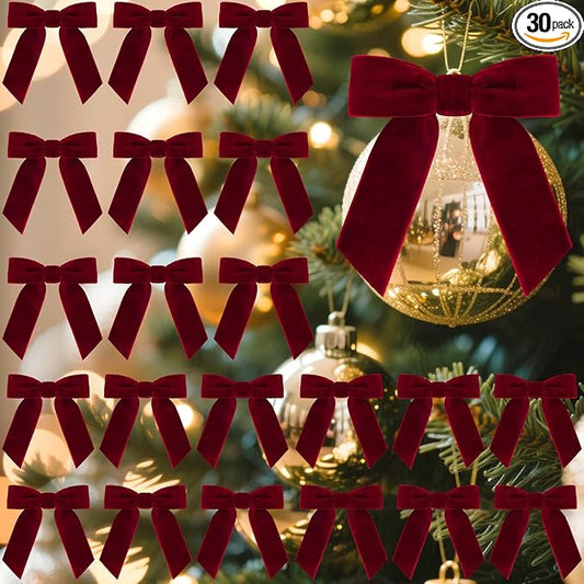 30 Pcs Velvet Ribbon Bows 3.5" x 3.5" Pre Tied Christmas Velvet Bows with Twist Tie for Gift Packaging Christmas Tree Wreaths Door Windows Wedding Party Decoration(Burgundy)
