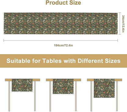 William Morris Table Runner, Vintage Boho Green Botanical Flowers Birds Tabletop Decoration for Kitchen Dining Indoor Outdoor Home Holiday Party, 13x60 Inch