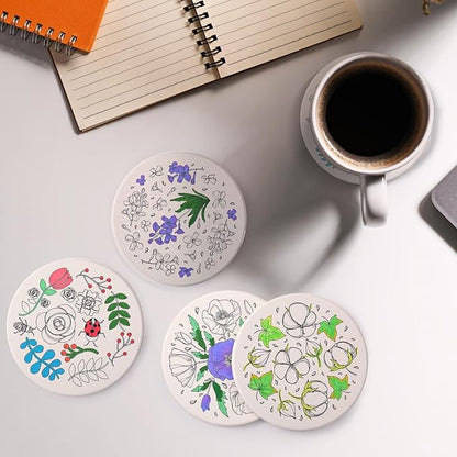 10 Pcs Ceramic Coasters for Drinks Color Your Own Coaster Set DIY Absorbent Cup Mat with 12 Markers and Cork Base Gift Arts and Crafts for Coffee Table Apartment Bar Home Decoration(Flower)
