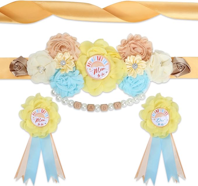 INSYOHO Here Comes the Son Baby Shower Decorations - Adjustable Cartoon Bear Theme Maternity Belt with White Flowers Baby Shower Decorations, Gender Reveal Party Supplies for Mom to Be