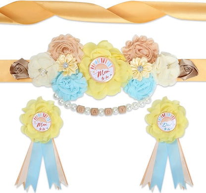 INSYOHO Here Comes the Son Baby Shower Decorations - Adjustable Cartoon Bear Theme Maternity Belt with White Flowers Baby Shower Decorations, Gender Reveal Party Supplies for Mom to Be