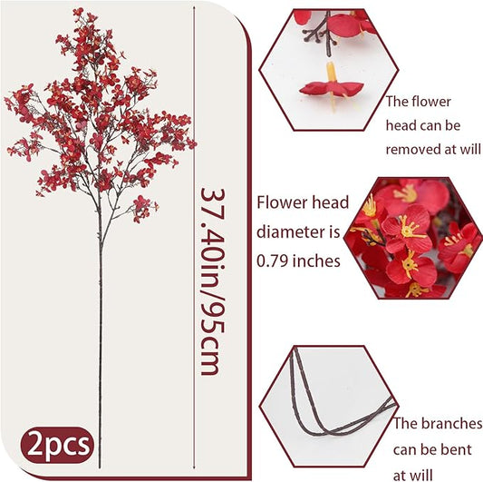 CISDUEO 2 Pcs Cherry Blossom Artificial Flowers Bulk Red Fake Fall Flowers Branches Silk Babys Breath Flower Fall Floral Stems for Vases Indoor Home Decor Wedding Party Table Centerpiece Christmas